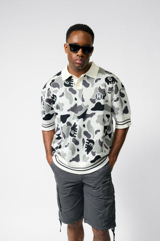 CAMOUFLAGE INTARSIA EMBROIDERED KNITTED POLO [GREY]