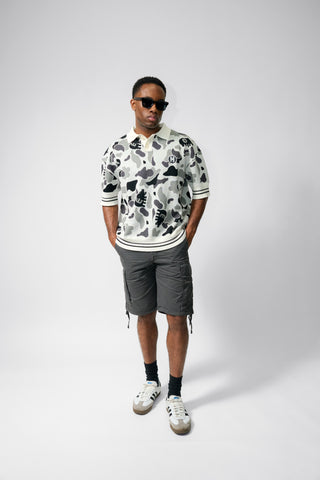 CAMOUFLAGE INTARSIA EMBROIDERED KNITTED POLO [GREY]