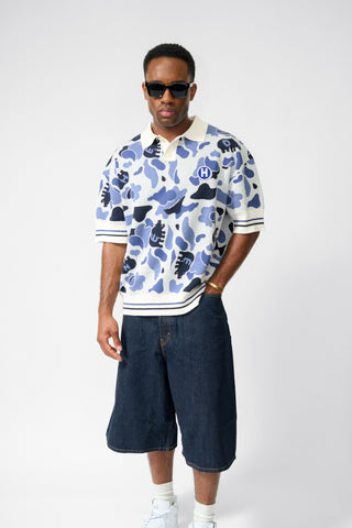 CAMOUFLAGE INTARSIA EMBROIDERED KNITTED POLO [BLUE]