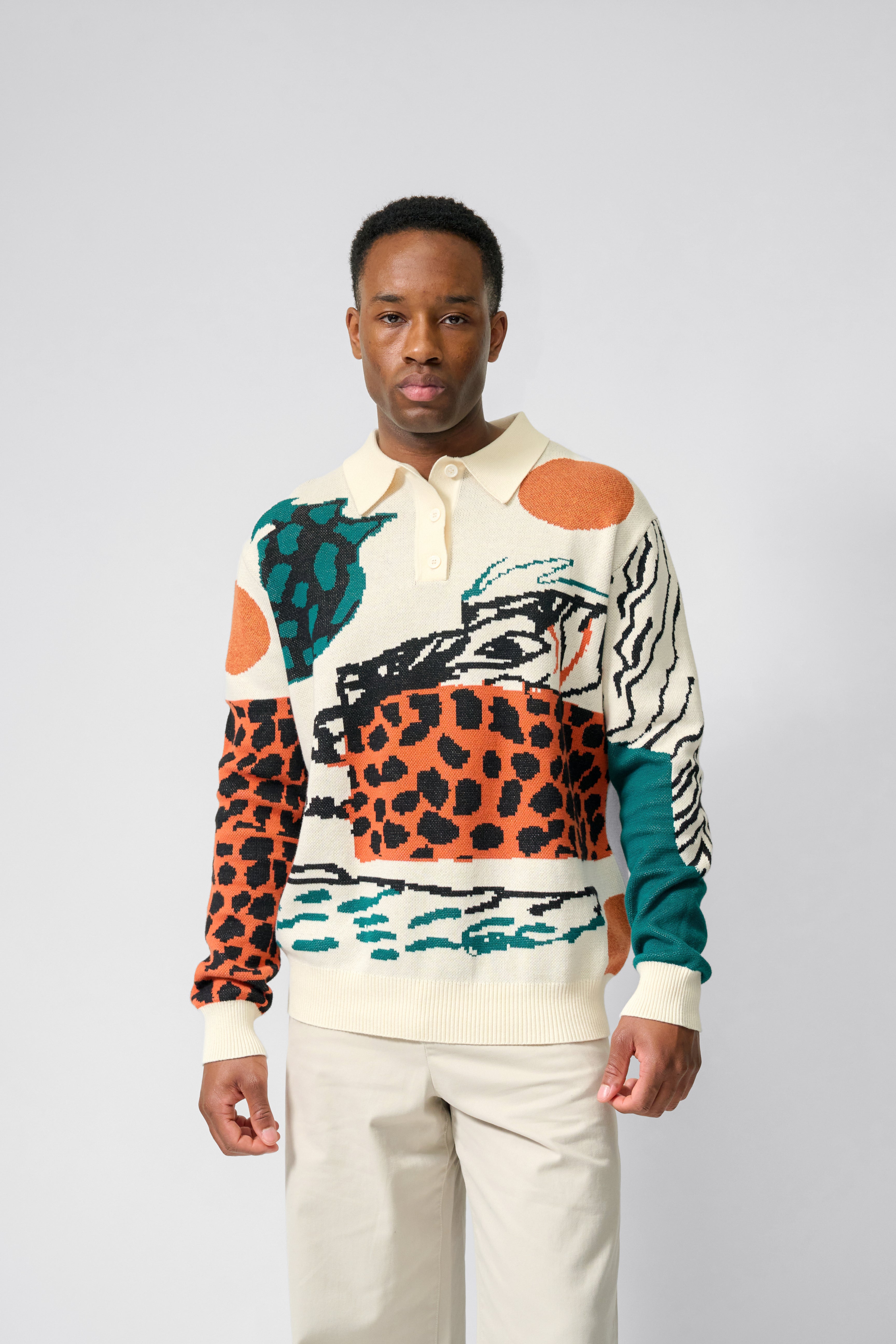 ABSTRACT SAFARI INTARSIA KNITTED POLO